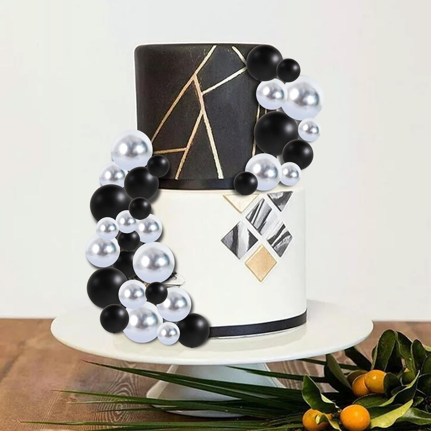 BEISHIDA 40 Pcs Ball Cake Toppers Mini Balls Cake Decorations Black Silver Foam Balls Sticks DIY Cake Topper for Baking Congrats Grade 2025 Graduation Birthday Retirement(Black Silver)