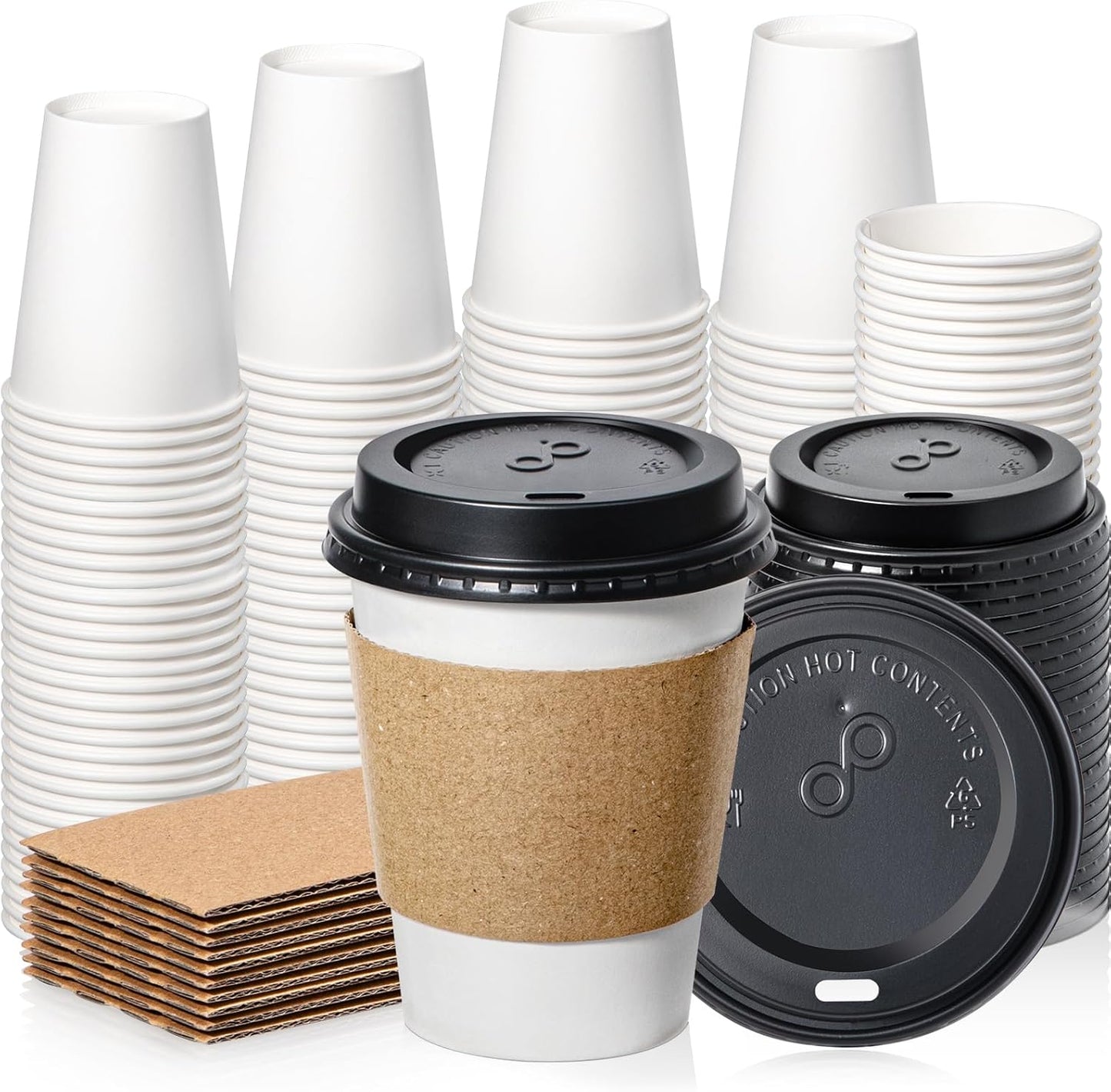 Fit Meal Prep 100 Pack 12 oz Disposable Coffee Cups with Lids, Sleeves, Leak-Proof To Go Coffee Cups with Lids, Durable Paper Cups for Hot Beverage, Home, Office, Party