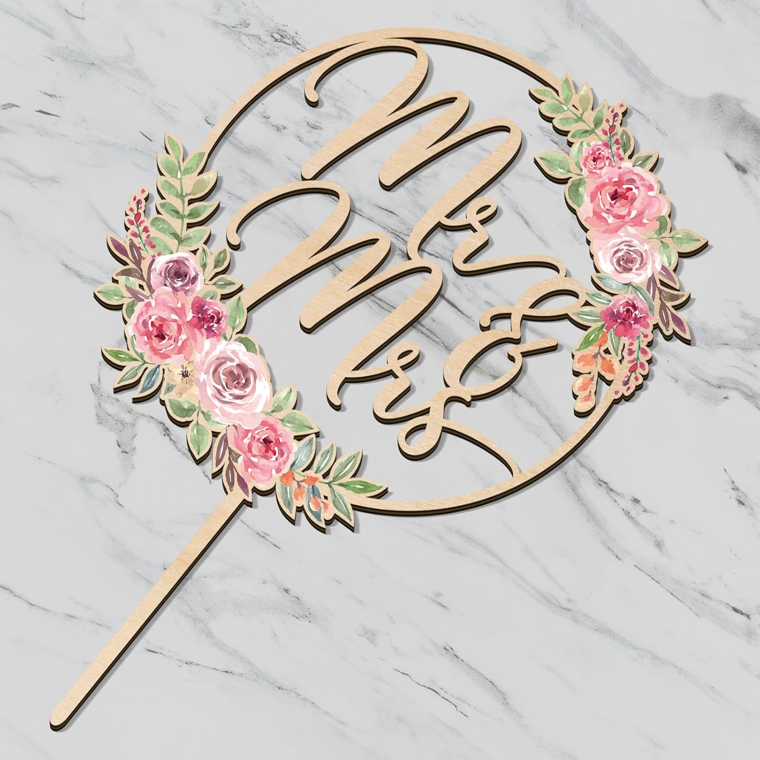 Mr & Mrs Cake Topper Floral Wedding Cake Topper in Wood (Design 01)