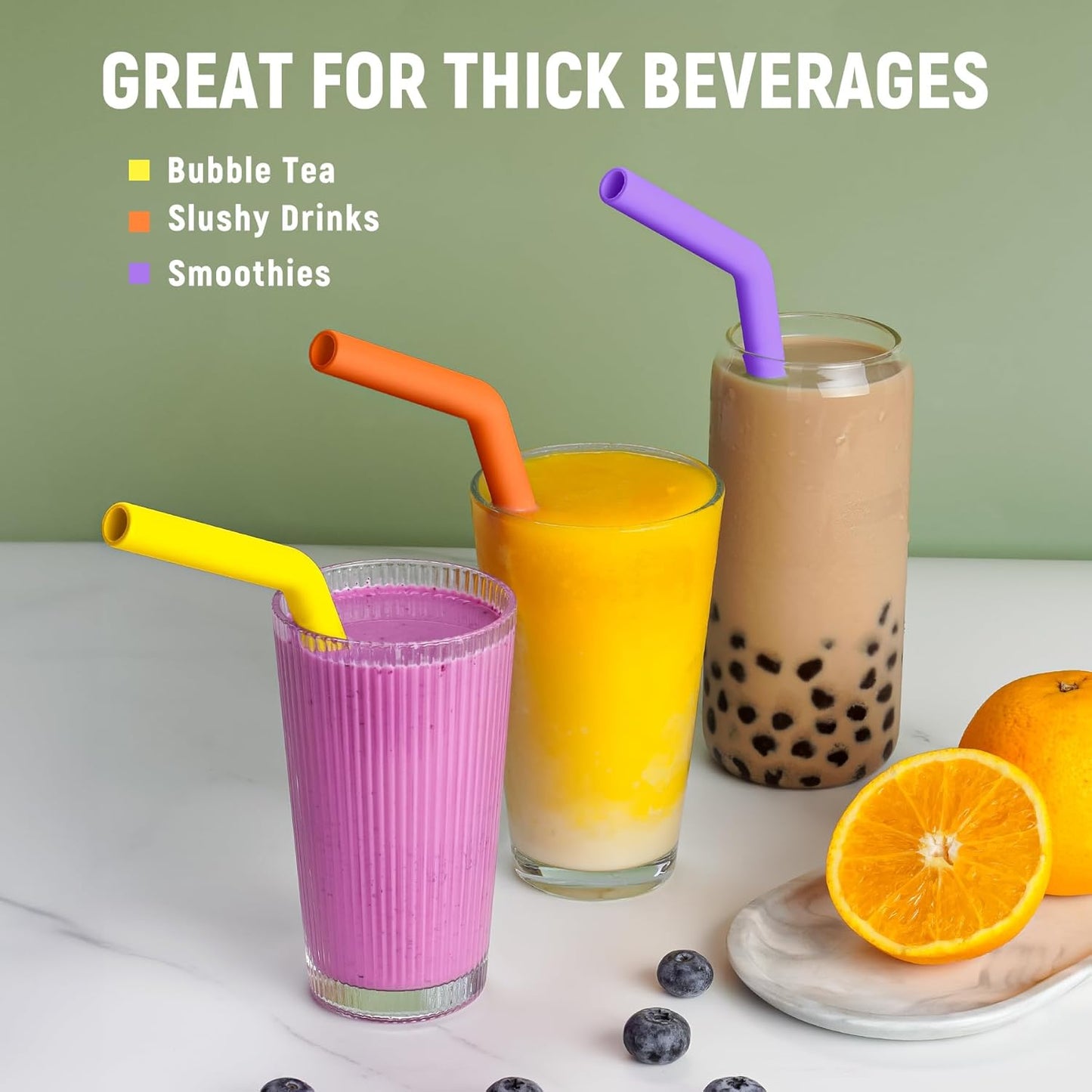 NiHome 6-Pack Extra Wide Bent Reusable Silicone Drinking Straws for Boba, Smoothies, Milkshakes, Dishwasher Safe with Cleaning Brush, BPA-Free and Soft for Kids, Trim-to-Fit Design (Neon Colors)