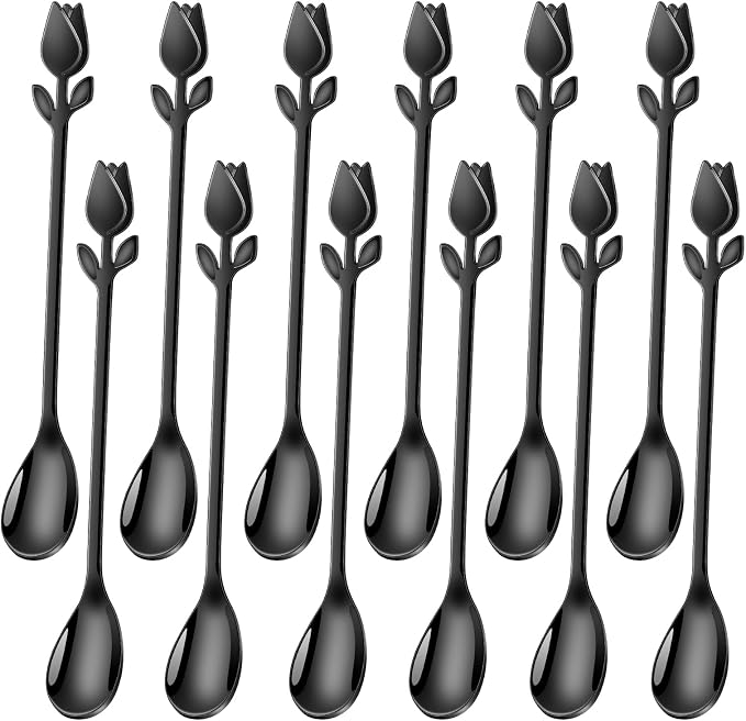 Black Tulip/Rose Handle 12-Pcs Mini Coffee Spoons Set by SGvrPvz