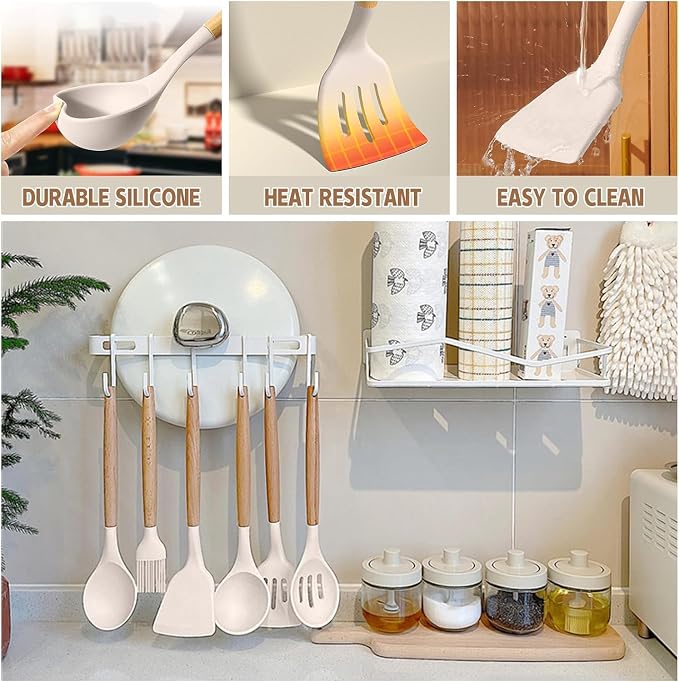 Umite Chef Kitchen Cooking Utensils Set, Wooden Handle Silicone Kitchen Gadgets - Image 5