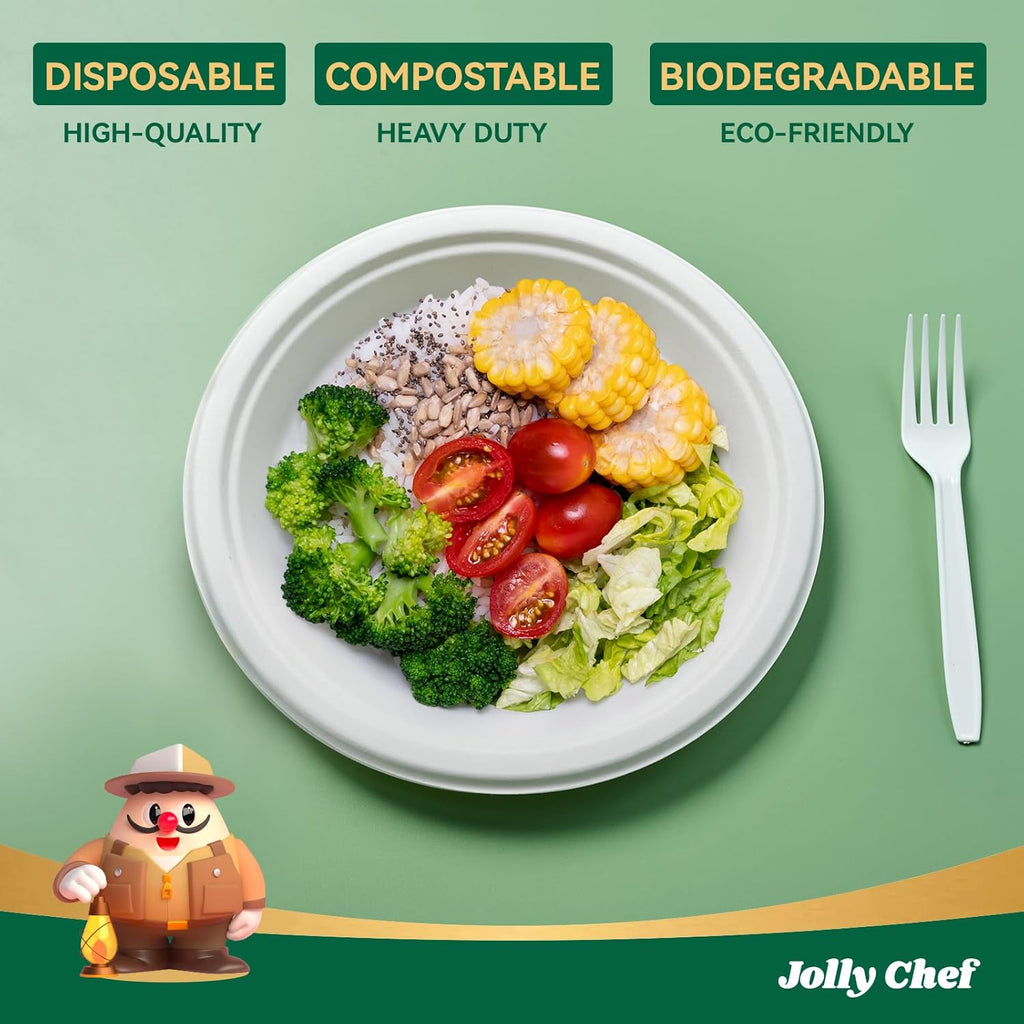 JOLLY CHEF Compostable Heavy Duty Plates 9 Inch [125 Pack] Eco-Friendly Disposable Natural Paper Plates Bagasse Biodegradable Bulk for Party Dinner Sugarcane Fibers Round 125 Count(White)