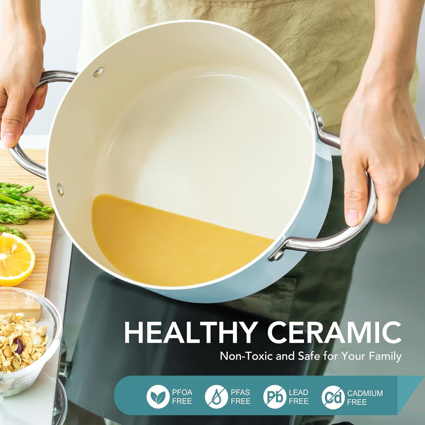 MICHELANGELO Stock Pot with Lid, 6 Quart Cooking Pot with Ceramic Coating, Nonstick Ceramic Soup Pot with Lid, Induction Compatible - 6QT Stockpot, Blue