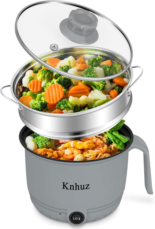 Hot Pot Electric With Steamer,Rapid Ramen Cooker,1.8L Mini Portable Self Heating Electric Pot For Cooking Noodles Steak Pasta,Shabu Shabu Hotpot Pot Electric Dorm Lazy Pot,Non-Stick Gray