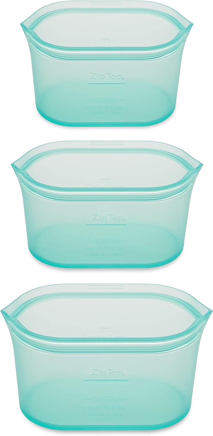 Zip Top Reusable Food Storage Bags | 3 Dish Set [Teal] | Silicone Meal Prep Container | Microwave, Dishwasher and Freezer Safe | Made in the USA