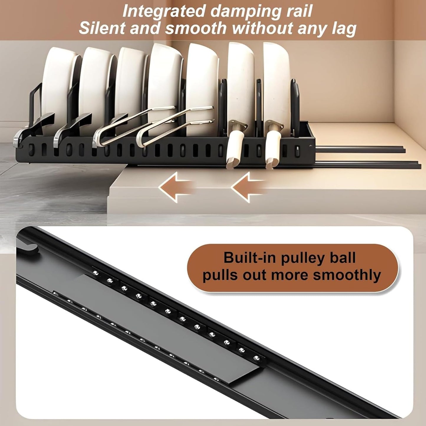 Pots and Pans Organizer for under Cabinet,Pull Out Cabinet Organizer with 8 Adjustable Dividers (Black, Sliding type)