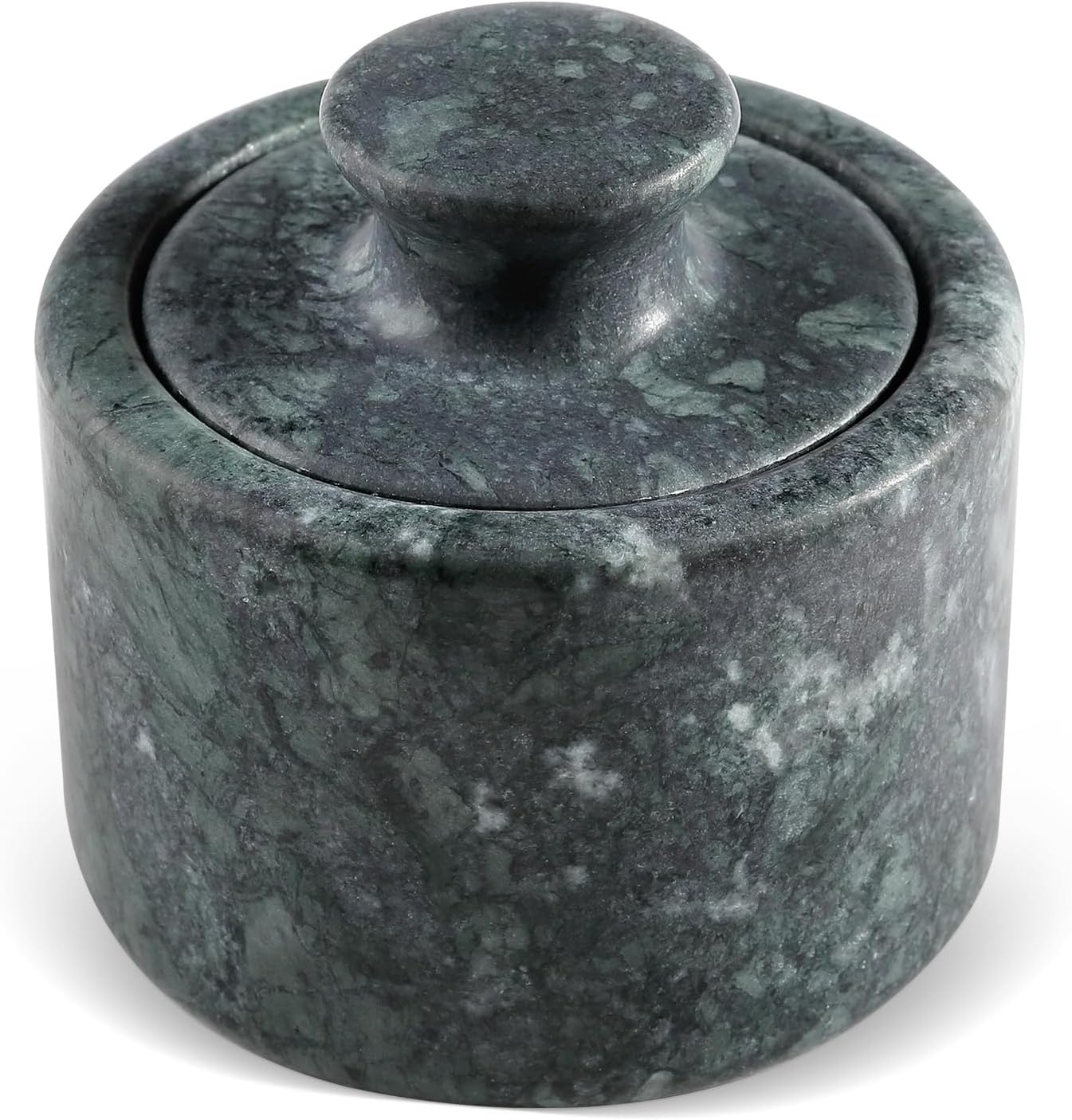 Koville Indian Green Marble Salt Cellar with Lid 3.5", Stone Pepper Container & Spice Jars for Kitchen, Marble Salt and Pepper Holder, Stone Storage Box for Kitchen Counter, Spice Jar