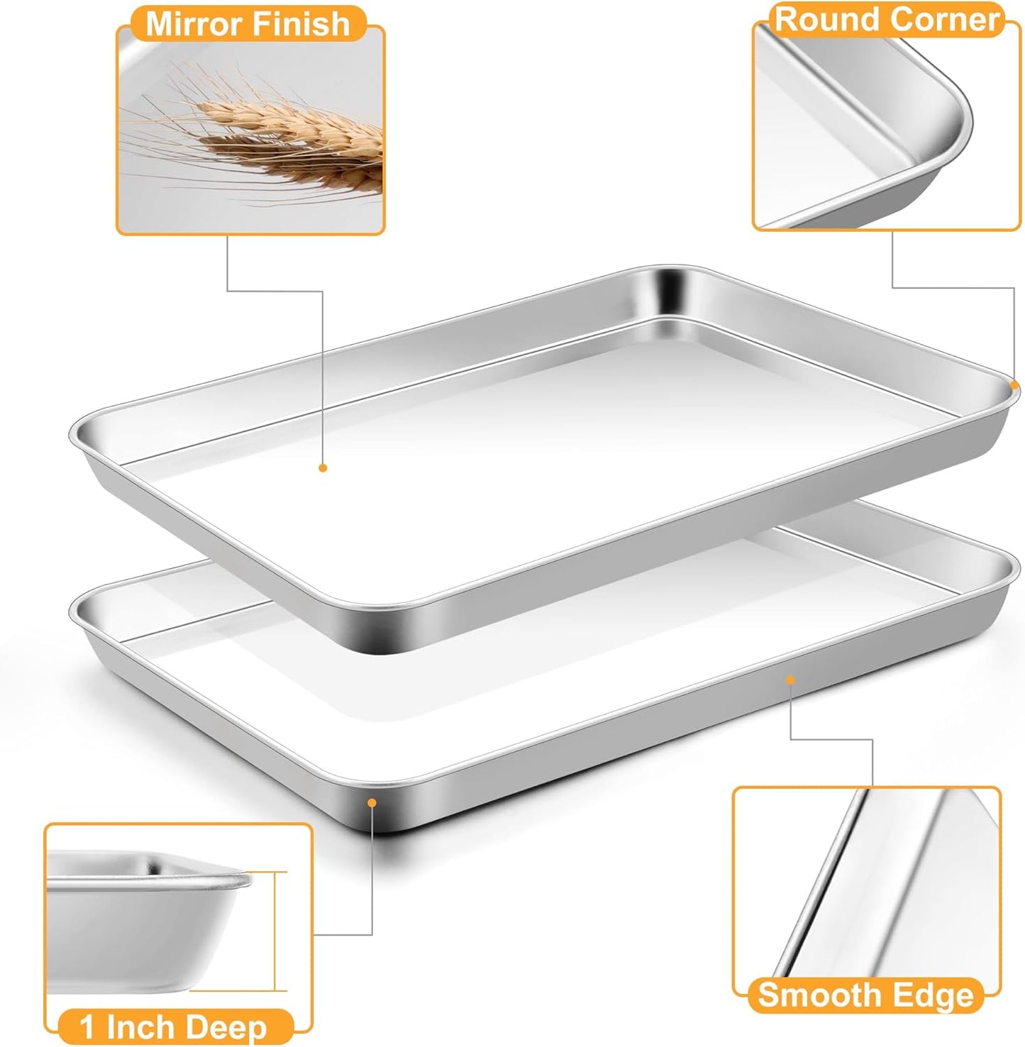 TeamFar Baking Pan with Rack Set (2 Pans + 2 Racks), Stainless Steel Cookies Sheet Baking Tray Pan with Grid Cooling Rack for Toaster Oven, Healthy & Heavy-Duty, Dishwasher Safe, 12.5 x 10 x 1 Inch