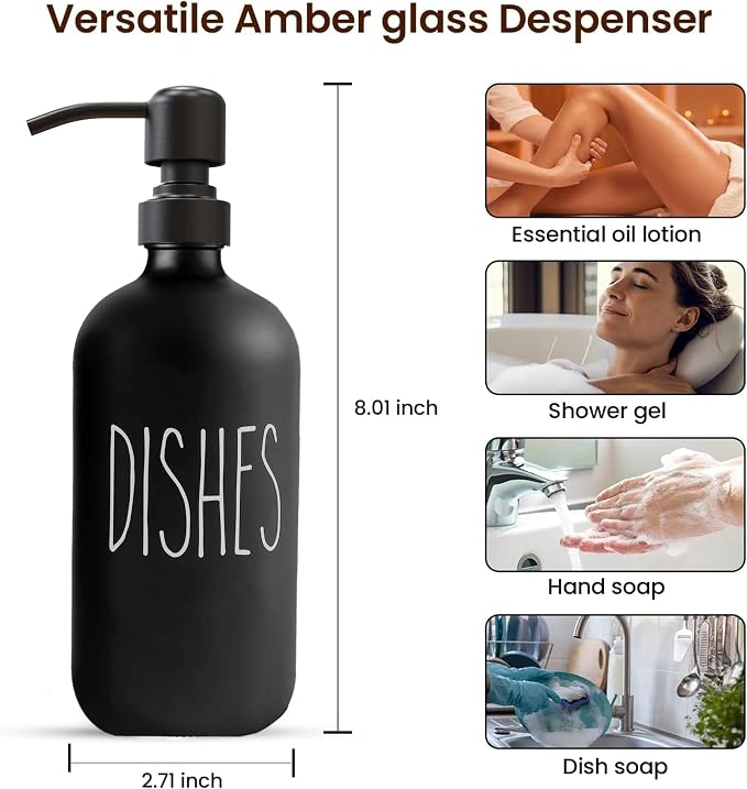 Sunrise Premium 16 OZ Thick Black Glass Soap Dispenser, Matte Black Stainless - Image 3