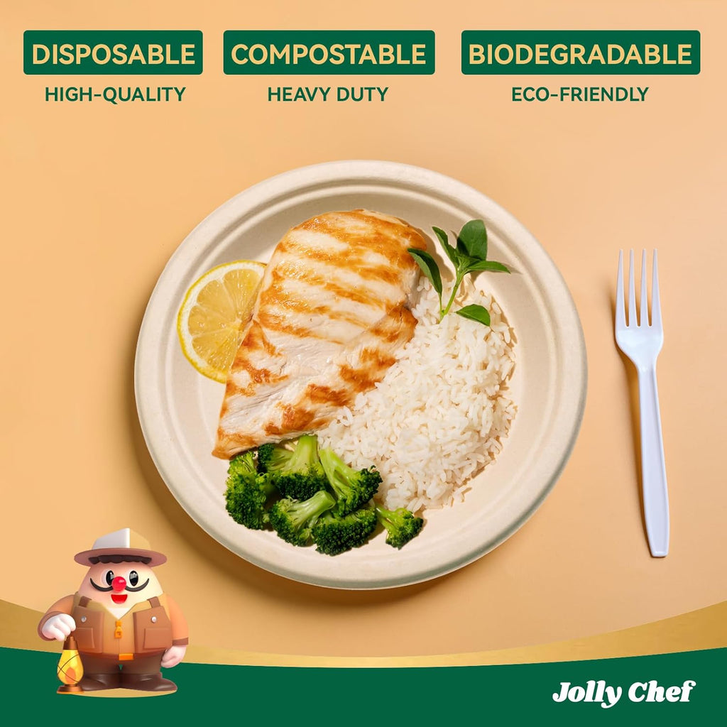 JOLLY CHEF Compostable Heavy Duty Plates 9 Inch [300 Pack] Eco-Friendly Disposable Natural Paper Plates Bagasse Biodegradable Bulk for Party Dinner Sugarcane Fibers Round 300 Count(Brown)