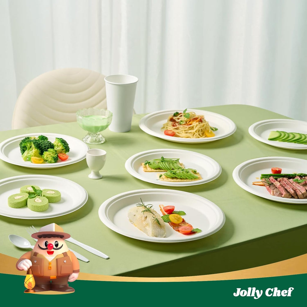 JOLLY CHEF Compostable Heavy Duty Plates 9 Inch [150 Pack] Eco-Friendly Disposable Natural Paper Plates Bagasse Biodegradable Bulk for Party Dinner Sugarcane Fibers Round 150 Count(White)