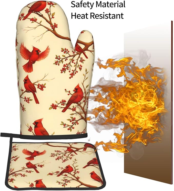 Red Cardinal Oven Mitts and Pot Holders Sets of 3, Non-Slip Christmas Heat - Image 7