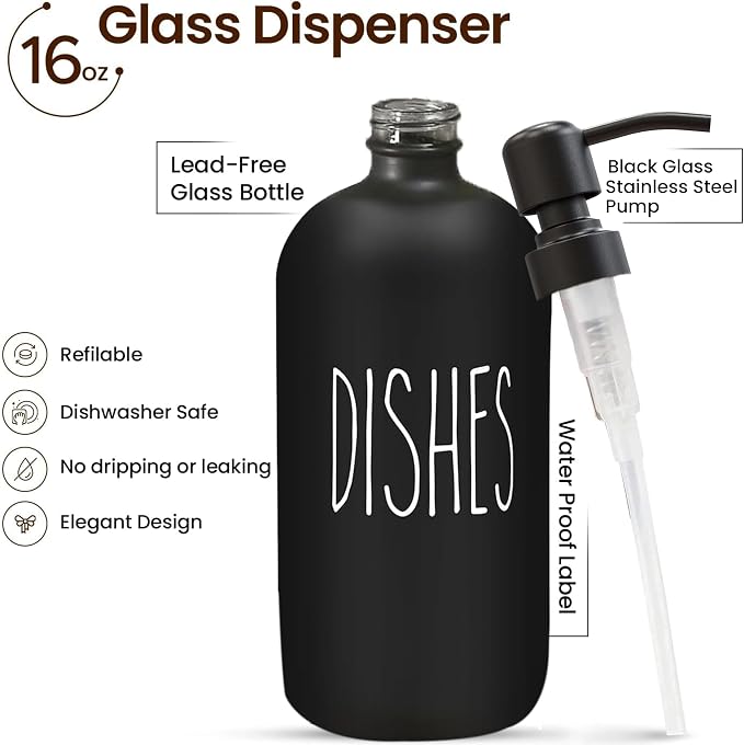 Sunrise Premium 16 OZ Thick Black Glass Soap Dispenser, Matte Black Stainless - Image 2
