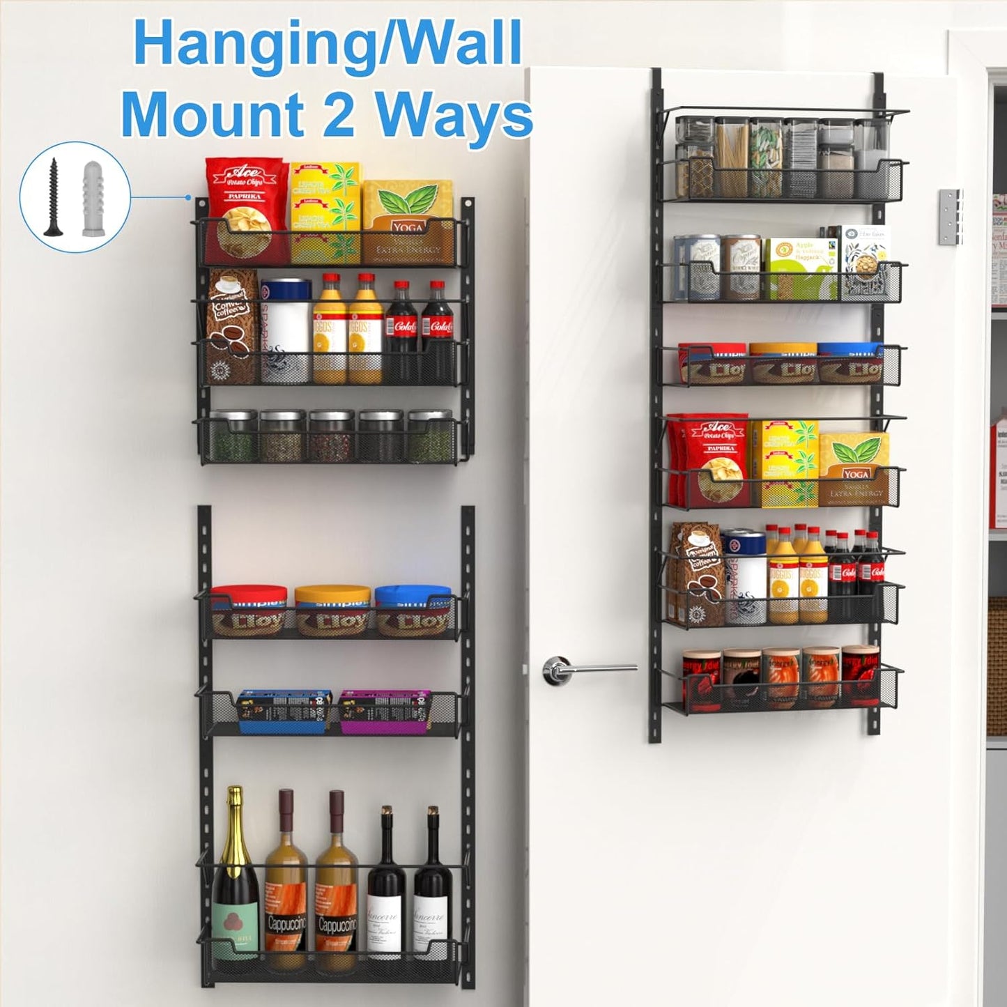 Over the Door Pantry Organizer, 6-Tier Over the Door Organizer with Adjustable Basket, Pantry Door Organization for Pantry Kitchen Storage Room Spice Rack, Black