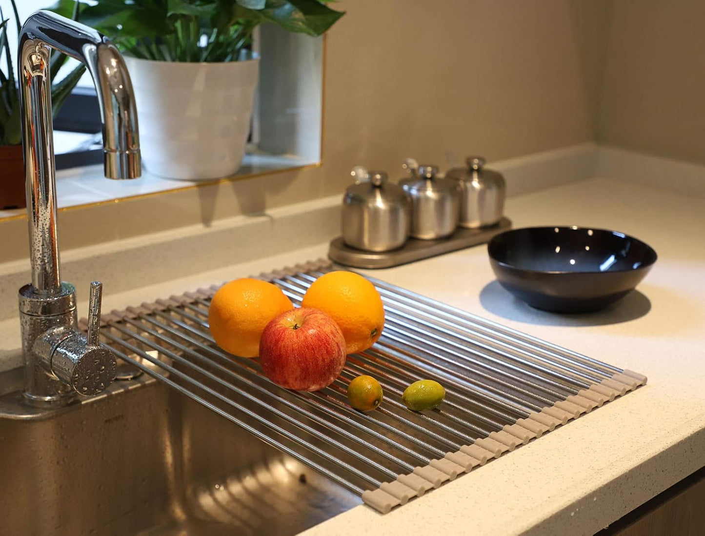 Ahyuan Roll up Dish Drying Rack Over The Sink Kitchen Roll up Sink Drying Rack Stainless Still Portable Drainer Foldable Dish Rack (Warm Gray, 17.8''X13.5'')