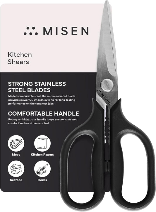 Misen Heavy Duty Kitchen Shears - Comfortable Ambidextrous Scissors for Meat, Poultry, Herbs & More - Easy to Clean - German Stainless Steel - Small | Black