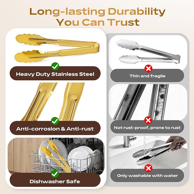 6 Pack Stainless Steel Serving Tongs, 9 Inch Gold Salad Tongs Serving Utensils - Image 4