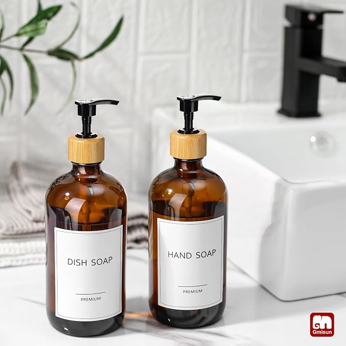 GMISUN Amber Glass Soap Dispenser, 2 Pack Bathroom Hand Soap Dispensers - Image 4