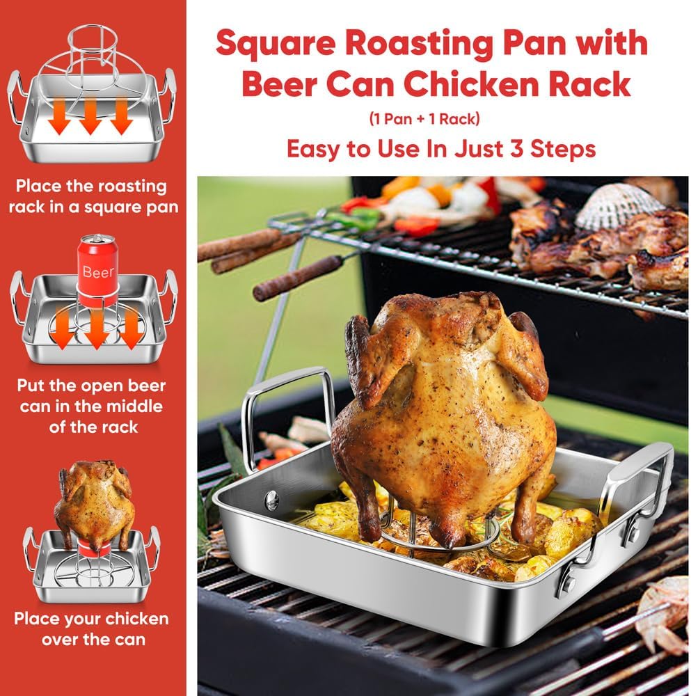Herogo Small Roasting Pan with Beer Can Chicken Holder, 9 Inch Stainless Steel Square Baking Pans with BBQ Vertical Stand Rack for Baking Oven Grilling Smoker, Easy to Use & Dishwasher Safe