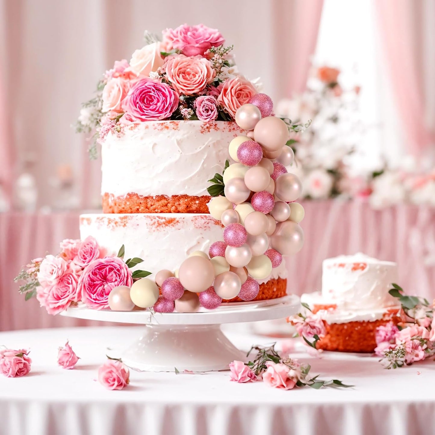 48 Pcs Balls Cake Topper Decorations Balloon Cupcake Toppers Foam Cake Topper Balls for Birthday Party Wedding Cake Deco(Glitter Pink, Rose Gold, Light Brown, Apricot)