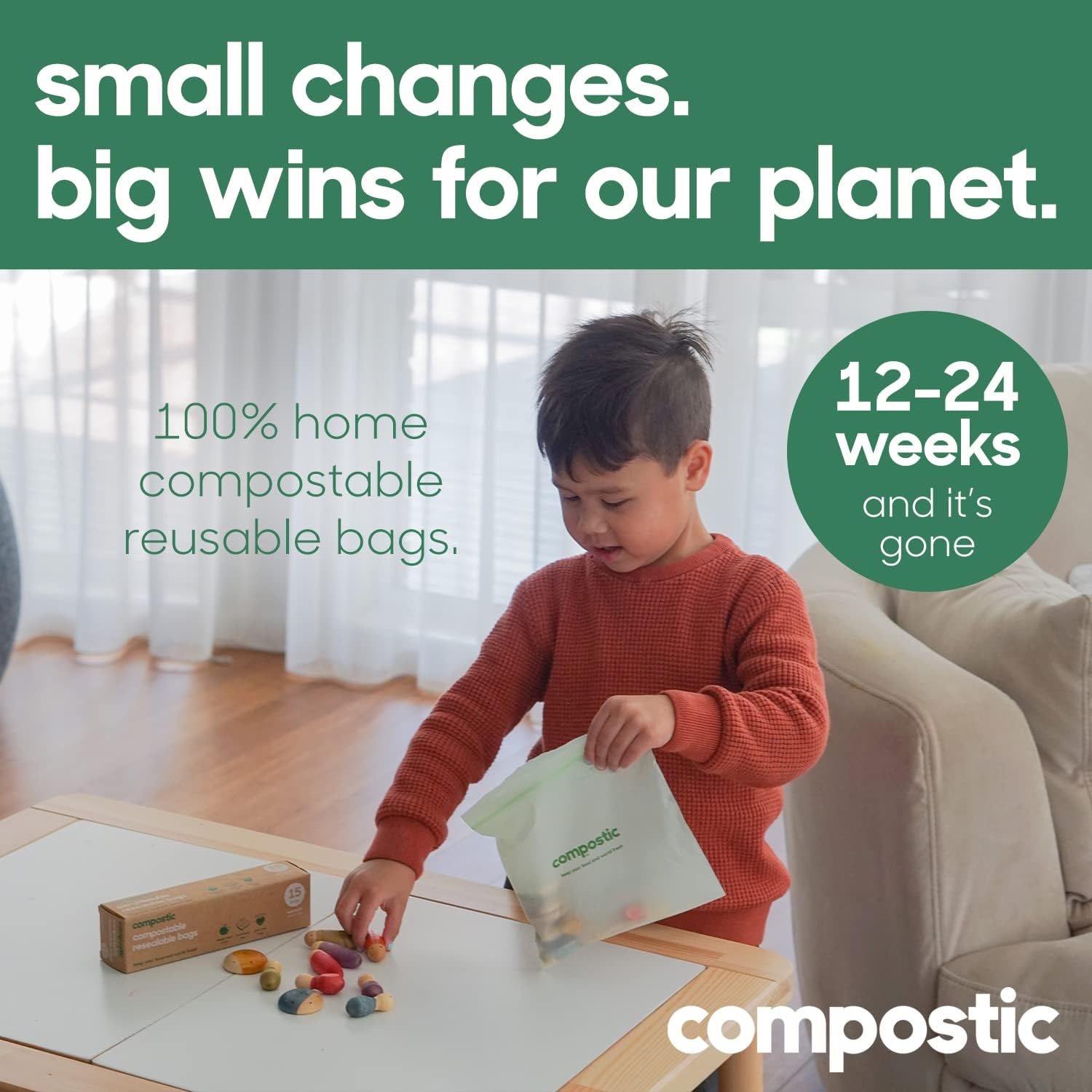 Home Compostable Resealable Sandwich Bags (7"x7"), Microwave & Freezer Safe, Organic Food Storage Container, 100 Count (Pack of 1)