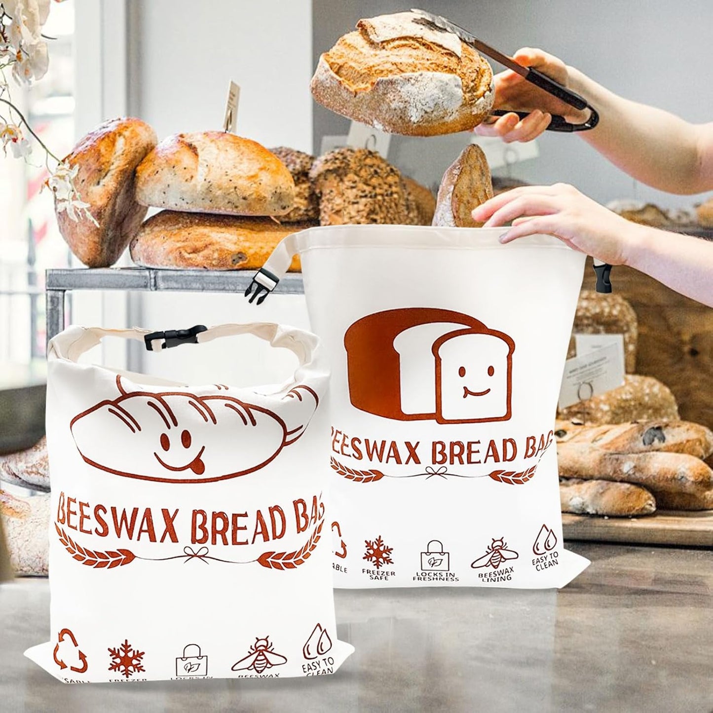 Beeswax Bead Bags, 2 Pack XL Reusable Bread Bags for Homemade Bread, Cute Design Linen Food Storage for Sourdough Homemade Loaf