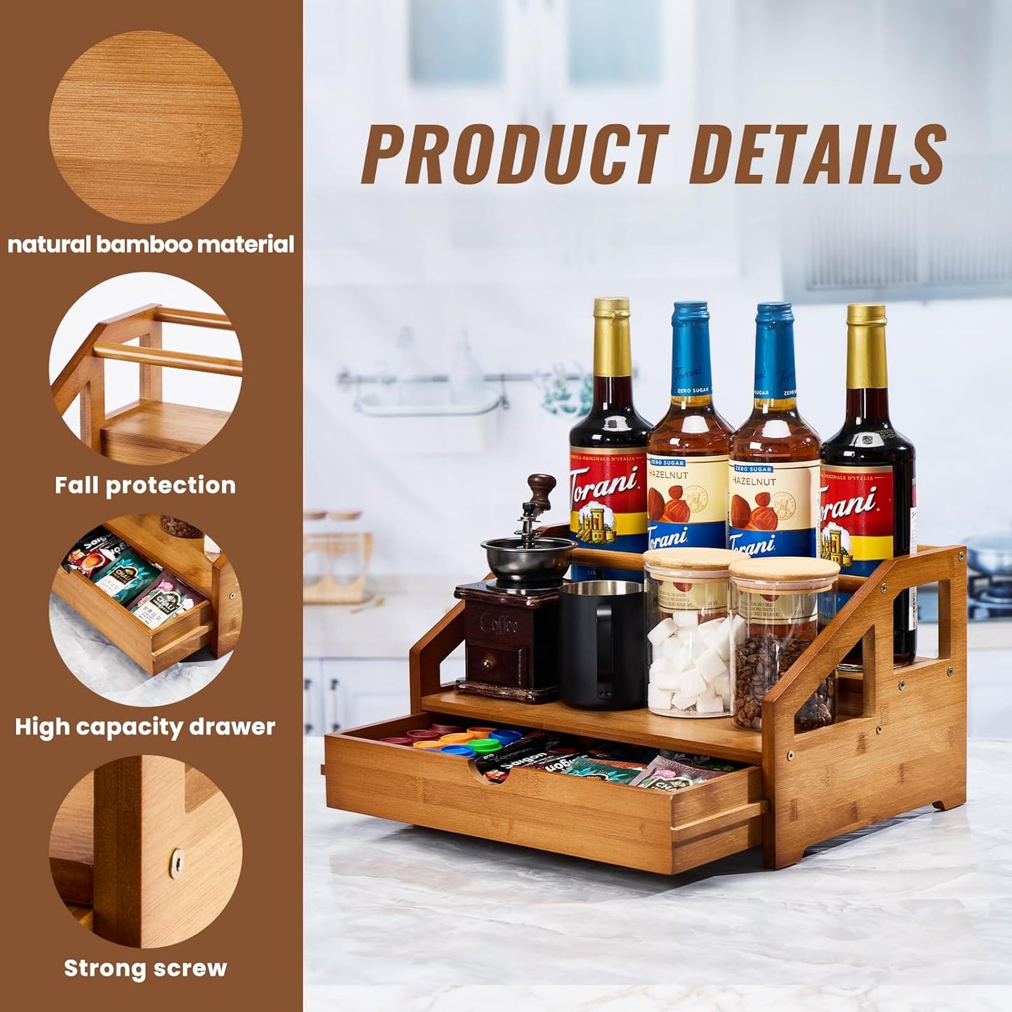 Bamboo Coffee Syrup Rack Organizer 3 Tier Coffee Syrup Rack with Cup Storage Box for Coffee Bar,Syrup Bottle Holder Stand for Syrup,Wine,Dressing for Kitchen Coffee Station,Brown
