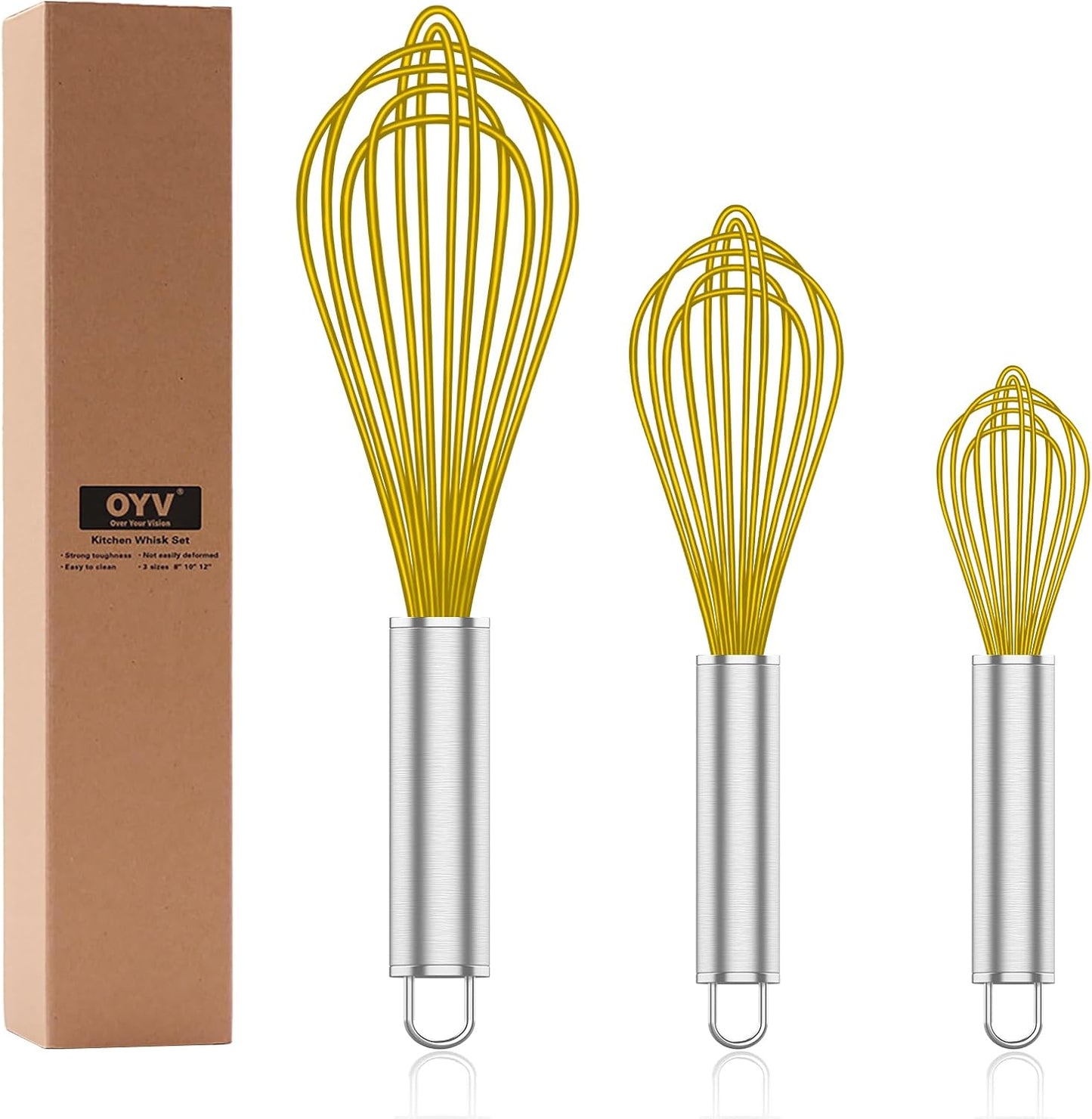 Yellow Silicone Whisk, Professional Whisks For Cooking Non-Scratch, Stainless Steel & Silicone Wisk, Plastic Rubber Whisk Tool For Nonstick Cookware Pans, Silicon Wisks Set of 3.