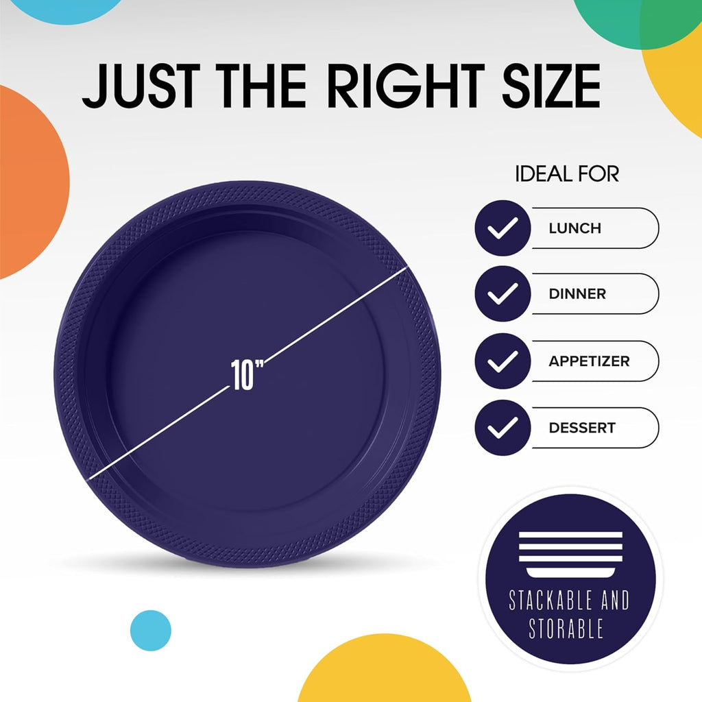 Exquisite Party Solids Navy Plastic Plates For Party 10" Navy Disposable Plates Heavy Duty Supplies 100 Pcs Plastic Dinnerware Sets Heavy Duty 350 GSM Disposable Dinnerware Set