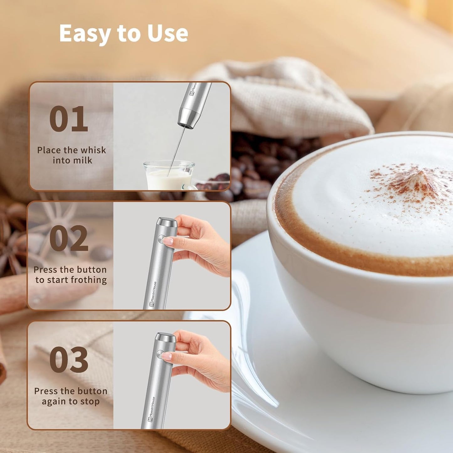 Maestri House Rechargeable Milk Frother with Stand, LunaFro Handheld Electric Foam Maker Waterproof Detachable Stainless Steel Whisk Drink Mixer Foamer for Lattes, Cappuccino