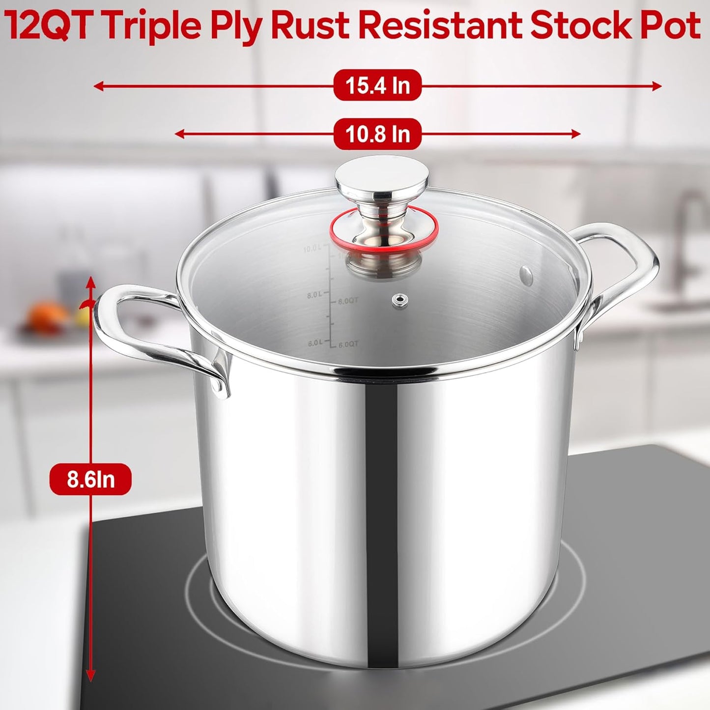 LIANYU 12 QT Stock Pot with Lid, 12 Quart Deep Tall Large Soup Pot for Cooking, Stainless Steel Tri-Ply Heavy Duty Large Stockpot, Nonstick Induction Stockpot with Measuring Mark&Glass Lid