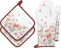 Pink Floral Oven Mitts and Pot Holders Sets 4Pcs, 100% Cotton Heat Resistant by Arquiel