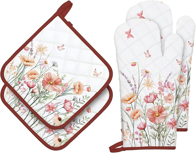 Pink Floral Oven Mitts and Pot Holders Sets 4Pcs, 100% Cotton Heat Resistant by Arquiel