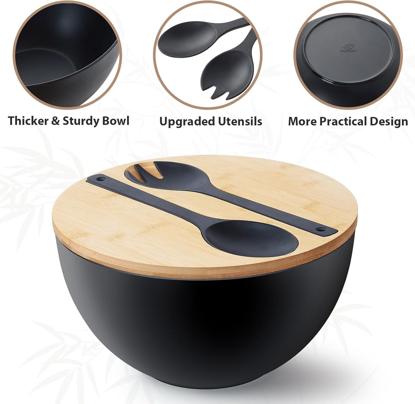 11.3" Extra Large Salad Bowl with Wooden Lid & Servers, 208Oz, Oversized Bamboo Fiber Salad Serving Set with Utensils for Home/Kitchen, Big Lightweight Bowl for Mixing Salad,Fruit,Pasta - Matte Black