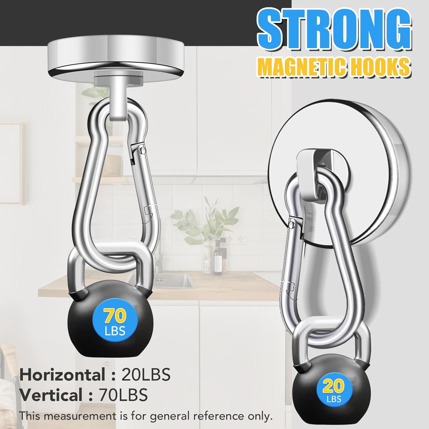Magnetic Hooks, 70Lbs Heavy Duty Magnetic Hooks with Swivel Carabiner for Cruise Cabins, 6 Pack Extral Strong Neodymium Magnet Hooks for Hanging, Metal Magnetic Hanger for Toolbox, Grill, Fridge