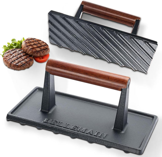Bellemain Bacon Press Rectangle | Heavy-Duty Cast Iron Grill Press for Perfectly Seared Bacon, Steak & Sandwiches | Equalized Weight Distribution