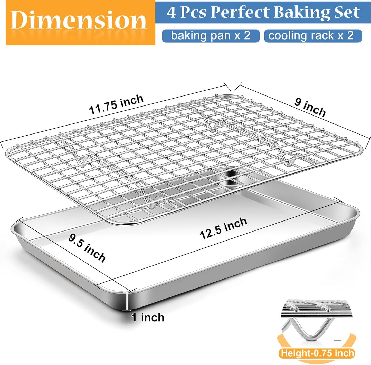 TeamFar Baking Pan with Rack Set (2 Pans + 2 Racks), Stainless Steel Cookies Sheet Baking Tray Pan with Grid Cooling Rack for Toaster Oven, Healthy & Heavy-Duty, Dishwasher Safe, 12.5 x 10 x 1 Inch