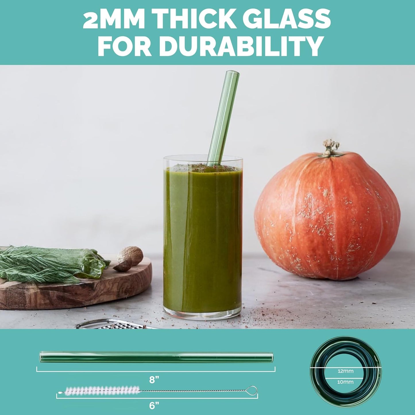 Simply Straws 8 Inch Wide Glass Straws (6-Pack) - 12mm Reusable Boba Straws for Milkshakes & Smoothies, with Cleaning Brush - Dishwasher Safe, Hot & Cold Use, BPA-Free (Seaglass)