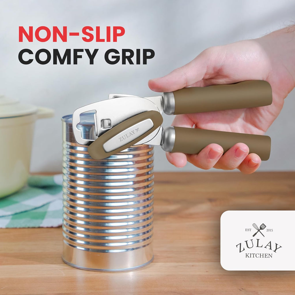 Zulay Kitchen Heavy Duty Stainless Steel Can Opener Manual with Bottle Opener - Rust Proof Manual Can Opener With Turn Knob & Comfy Soft Grip Handles - Brown
