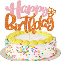 Ephlyn 1Pcs Happy Birthday Cake Topper Glitter Cake Pick for Celebrating Anniversary Party Cake Decorations Supplies Pink Orange