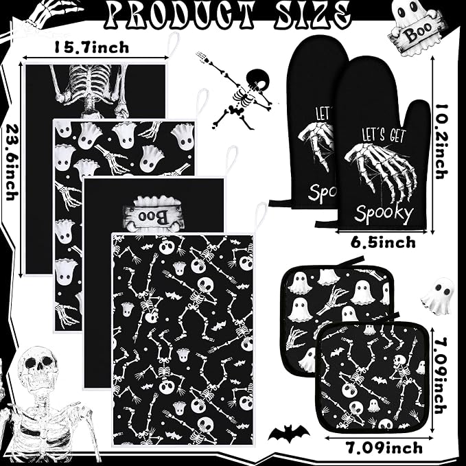 Leinuosen 8 Pcs Skull Kitchen Decor Set Kitchen Towels Gothic Oven Mitts and - Image 3