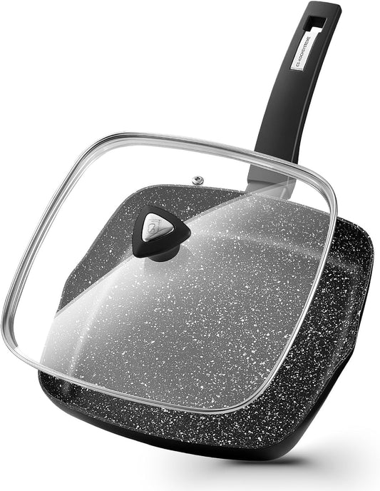 KOCH SYSTEME CS 9.5 Inch Nonstick Grill Pan for Stove Tops, Marble Coating Square Grill Skillet with Lid, Fry Pan Compatible with all Stoves, Ultimate Nonstick Skillet with Bakelite Handle, Toxic-Free
