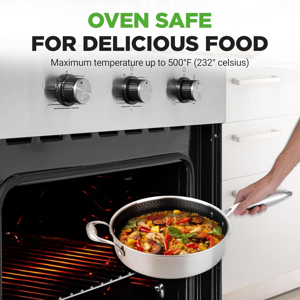 NutriChef 3.4QT Deep Frying Pan with Lid - Stainless Steel Non-Stick Saute Pan, Scratch-Resistant Honeycomb Texture, Oven & Induction Safe Skillet