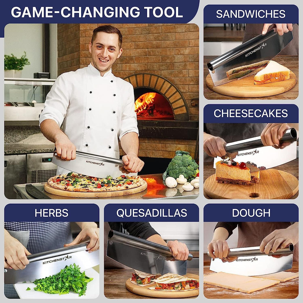 14" Pizza Making Kit (Set of 2) - 14" Pizza Cutter Rocker Knife with Blade Cover + 13" Perforated Stainless Steel Pizza Peel with Folding Handle - Ultimate Pizza Oven Accessories