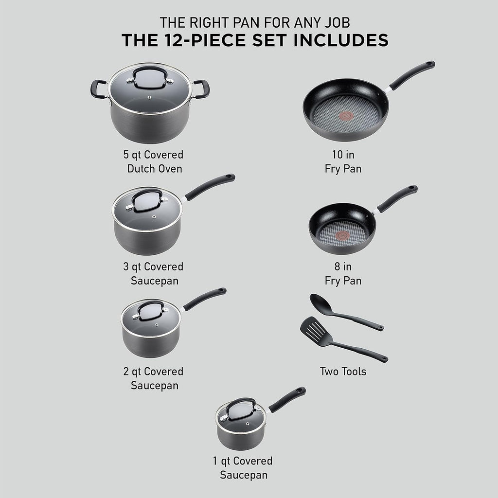T-fal Ultimate Hard Anodized Nonstick Cookware Set 12 Piece, Oven Broiler Safe 400F, Lid Safe 350F, Kitchen Cooking Set w/Fry Pans, Saucepans, Dutch Oven, Pots and Pans, Dishwasher Safe, Black