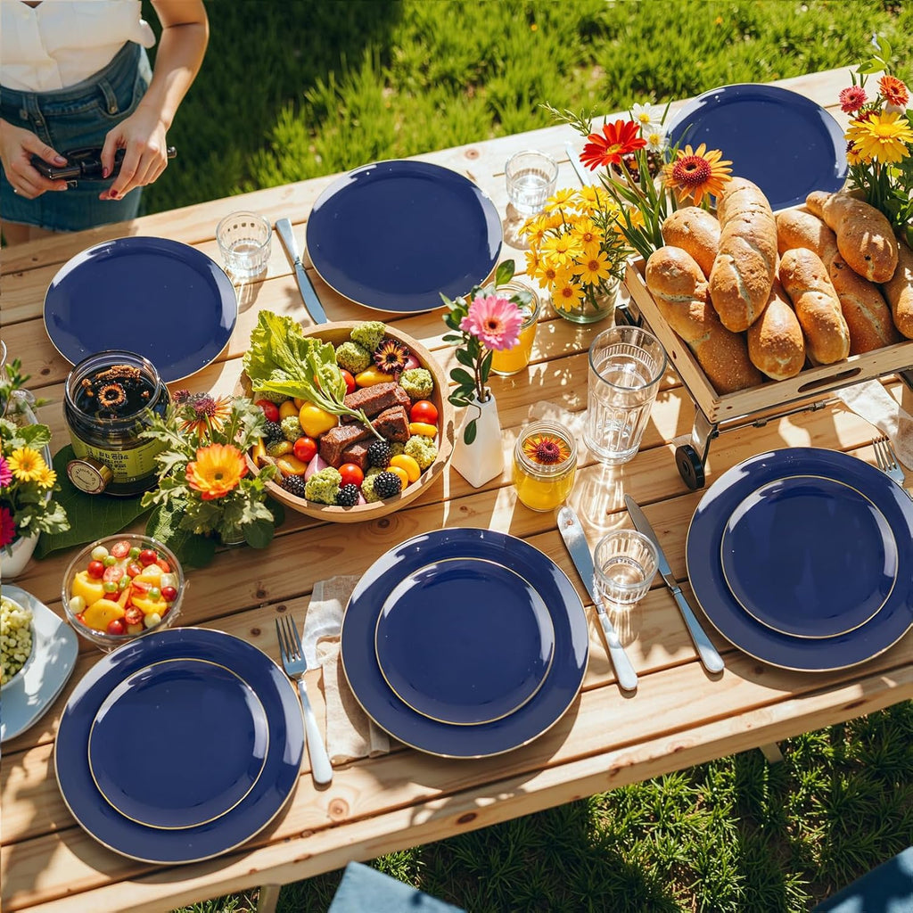PULOTE 200 Pieces Blue Plastic Plates - Navy Blue and Gold Disposable - Include 100PCS 10 inch Dinner & 100PCS 7 inch Dessert Plate for Party