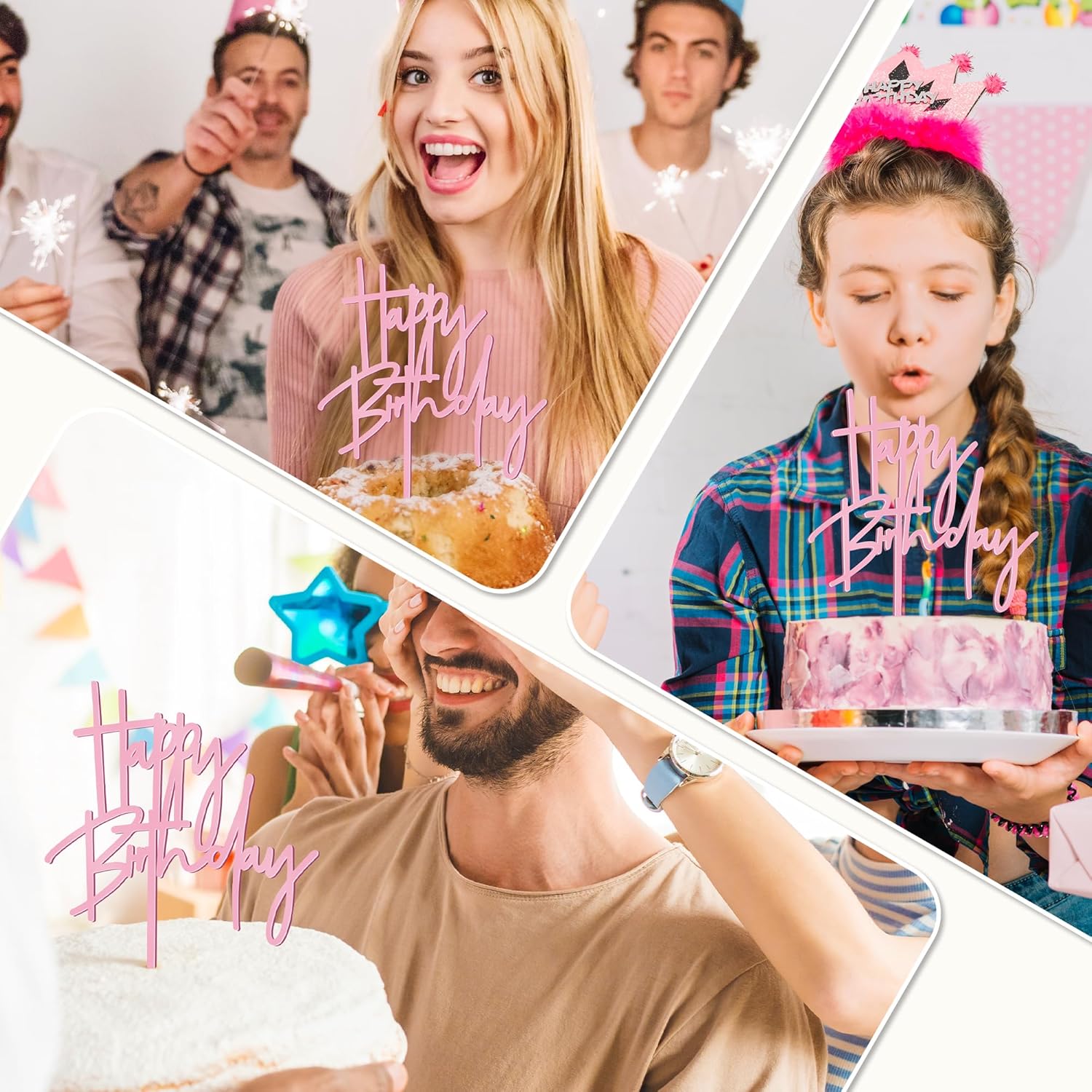 1PCS Pink Birthday Cake Topper, 5.3 x 7.2Inches Happy Birthday Cake Topper, Acrylic Happy Birthday Cake Sign for Children or Adults, Party Cake Desserts Decor and Photo Booth Props