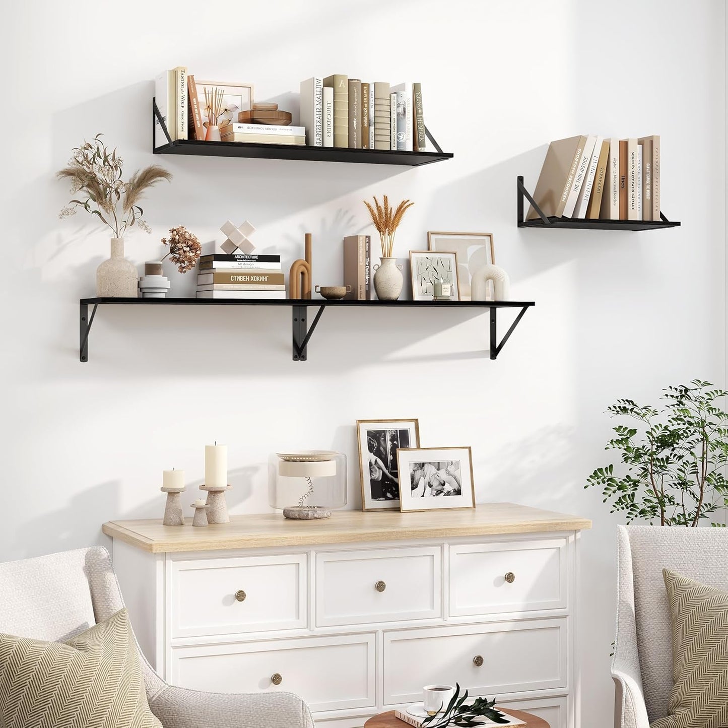 Heimlove Black Deep Floating Shelves for Wall, 32W x 8D Wood Wall Shelves Set of 2, Wide Floating Bookshelf for Living Room, Kitchen, Office, Bedroom and Decor Storage, with Metal Bracket - Black