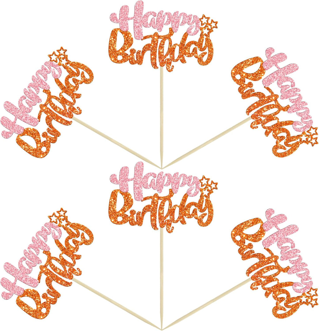 Ephlyn 24Pcs Happy Birthday Cupcake Toppers - Double Layer Glitter - Pastel Pink Orange - Perfect for Birthday, Baby Shower & Anniversary Parties